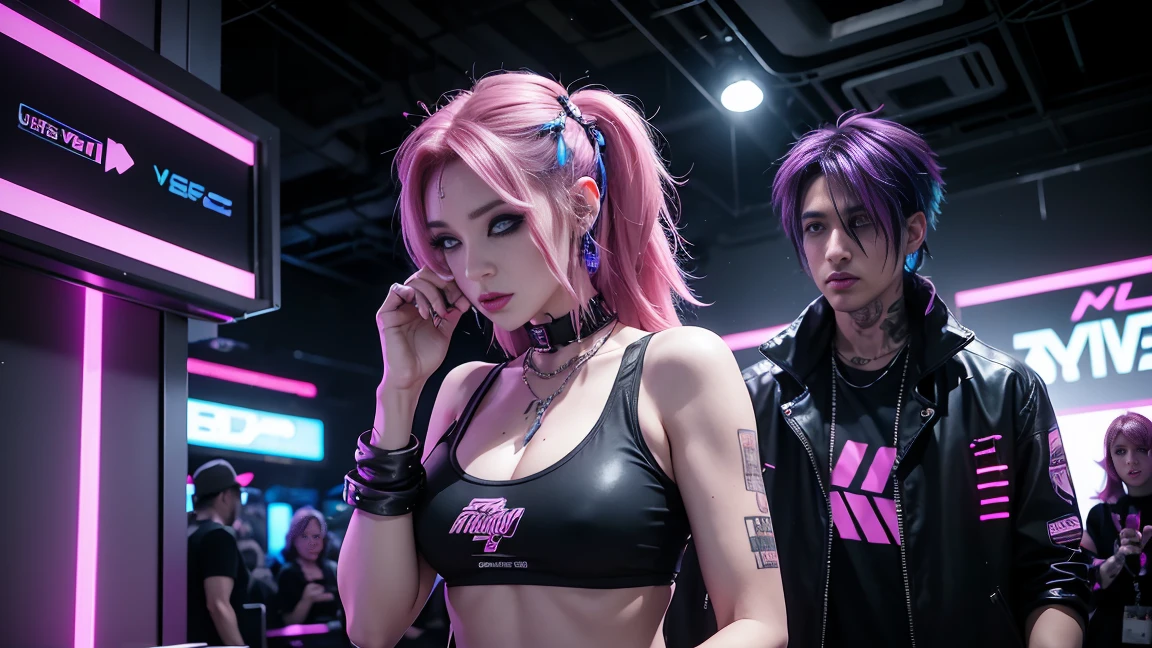 arafed woman in a black top and pink hair standing next to a DJ's mixer, rave girl, raver girl, 1 girl, DJ rave, unreal engine, rave makeup, in cyberpunk style, has cyberpunk style, rave inspired, cyber punk setting, cyberpunk vibes, cyberpunk vibe, beautiful cyberpunk woman model, cyberpunk style color, Hang the headphones from her neck