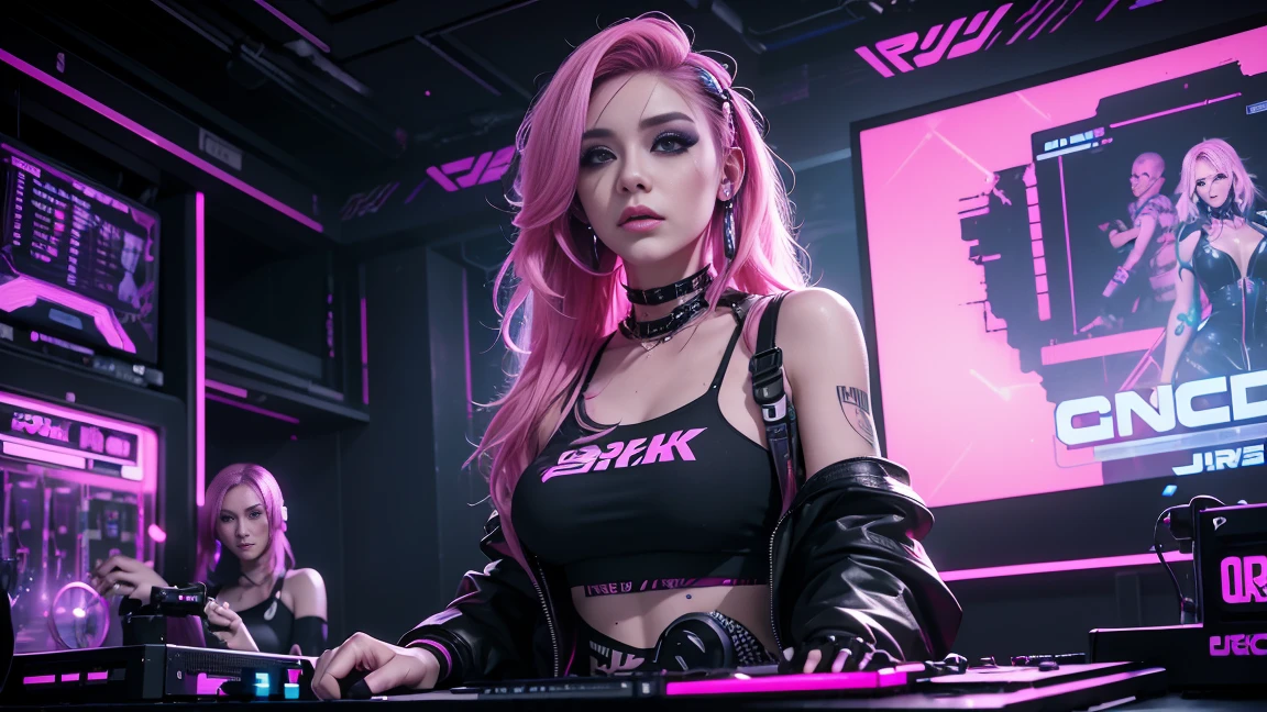 arafed woman in a black top and pink hair standing next to a DJ's mixer, rave girl, raver girl, 1 girl, DJ rave, unreal engine, rave makeup, in cyberpunk style, has cyberpunk style, rave inspired, cyber punk setting, cyberpunk vibes, cyberpunk vibe, beautiful cyberpunk woman model, cyberpunk style color, Hang the headphones from her neck