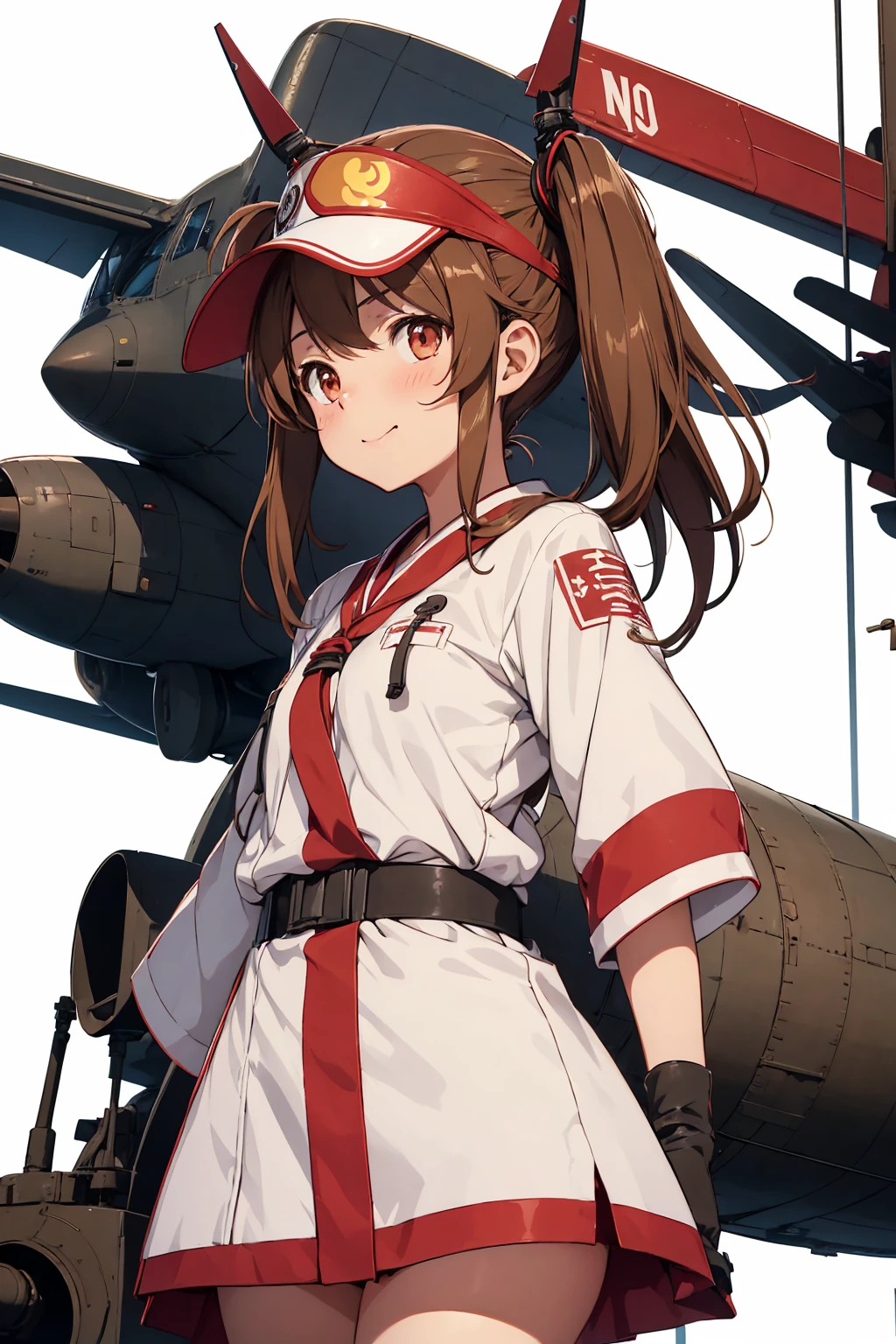 1 girl, ryuujou (kancolle), standing alone, chestnut hair, twintails, eyes browns, visor cap, magatama, gaping mouth, aircraft, ssmile, plane, White background, Japanese clothing, simple background, your post, trunk, long hair
