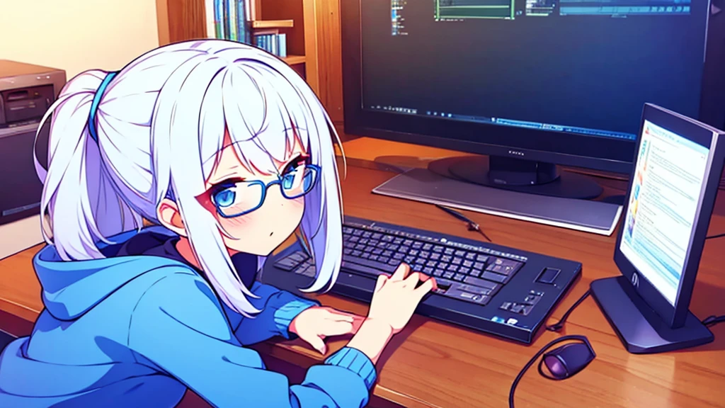 vtuber beautiful blue sweatshirt blue shorts beautiful girl blue eyes long white hair with glasses perfect anatomy in room in front of pc gaming