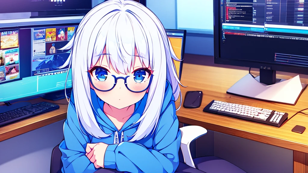 vtuber beautiful blue sweatshirt blue shorts beautiful girl blue eyes long white hair with glasses perfect anatomy  in room in front of pc gaming