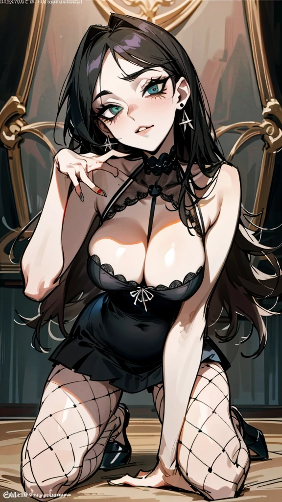 （best quality，masterpiece：1.2，detailed details，4k），((masterpiece)), ((best quality)), (ultra-detailed), anime style,large breast, slim, slender, ashamed, all fours ，Kneeling,Girl with modern gothic makeup, fair skin, long legs, black eyeshadow, camisole, plump figure, earrings and lip studs, fishnet stockings, posing in an attractive pose, lovable expression