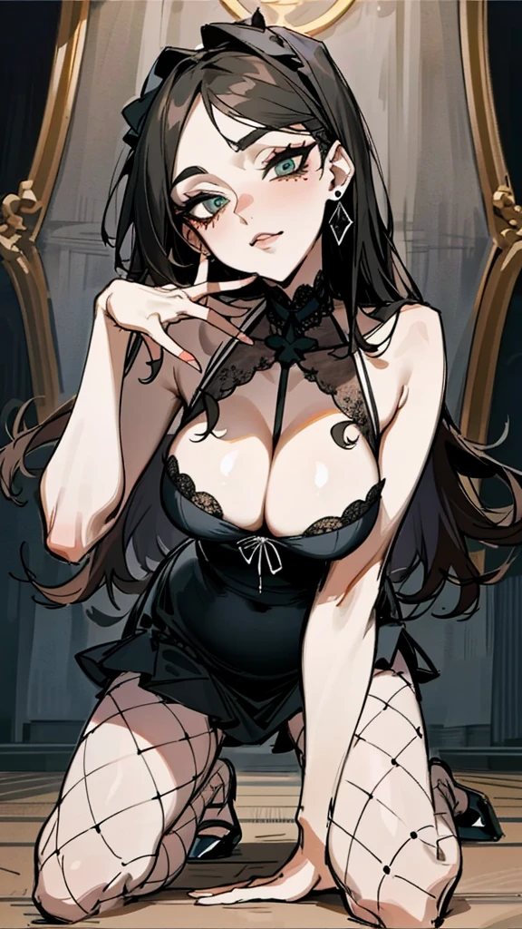 （best quality，masterpiece：1.2，detailed details，4k），((masterpiece)), ((best quality)), (ultra-detailed), anime style,large , slim, slender, ashamed,  ，Kneeling,Girl with modern gothic makeup, fair skin, long legs, black eyeshadow, camisole, plump figure, earrings and lip studs, fishnet stockings, posing in an attractive pose, lovable expression