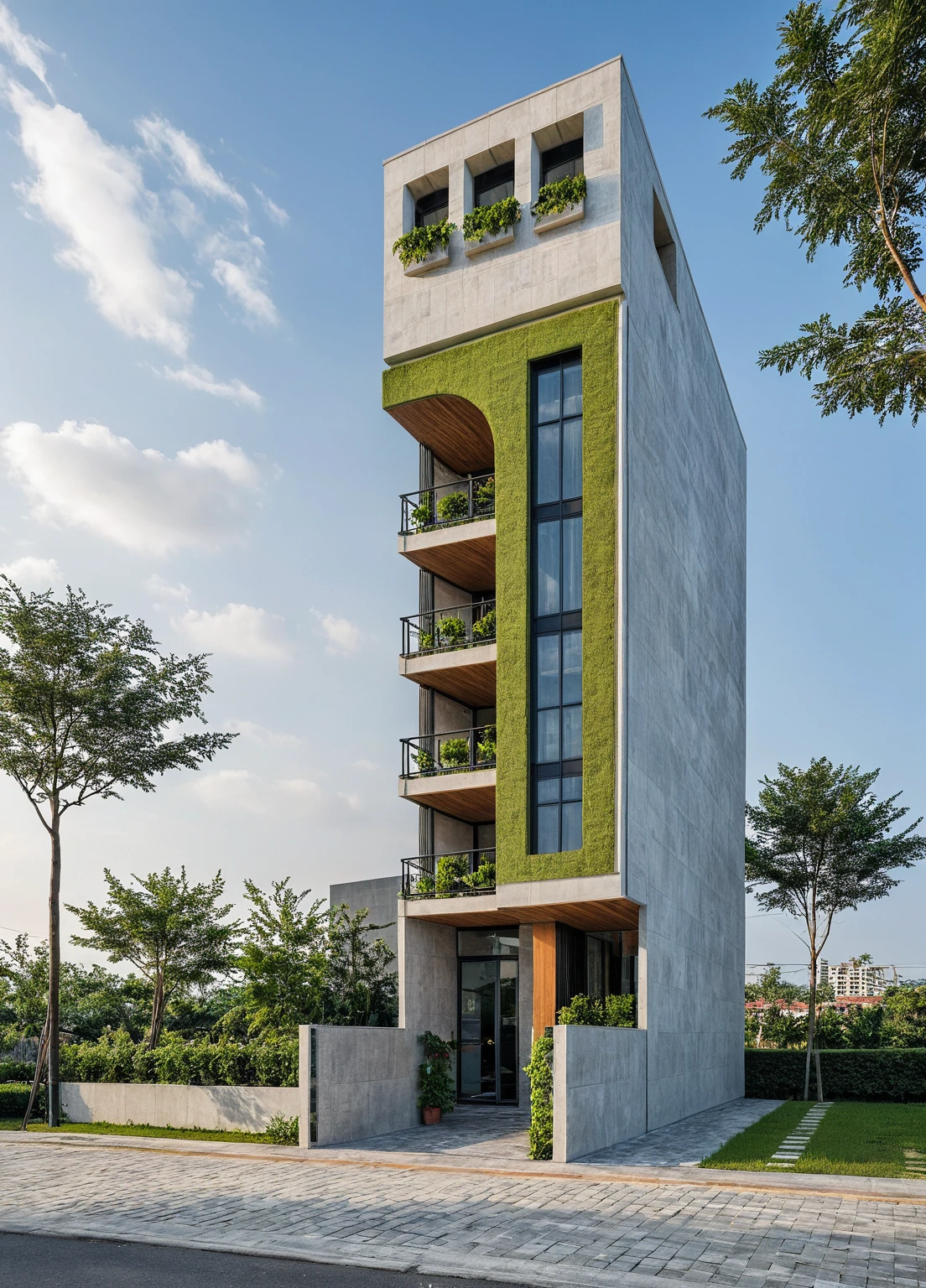 Masterpiece, high quality, best quality, authentic, super detail, outdoors, onestoreyvillaXL, aiaigroup, The office building stands tall with its sleek, modern design, characterized by extensive glass facades that reflect the sky and surrounding cityscape. Large, floor-to-ceiling windows are fitted with stylish sun-shading louvers, ensuring a comfortable and energy-efficient environment inside. The front of the building is adorned with lush greenery, featuring a variety of Mediterranean plants such as olive trees, lavender, and bougainvillea that add a touch of nature to the urban setting. Terra cotta tiles and rustic stone accents further enhance the Mediterranean charm. People are walking briskly in front of the building, some engaged in conversation, while others are focused on their destinations. The atmosphere is bustling yet orderly, encapsulating the dynamic and productive spirit of the area. white wall ,road,pavement, grass, trees, sky, cloud, (daylight:1.1)
