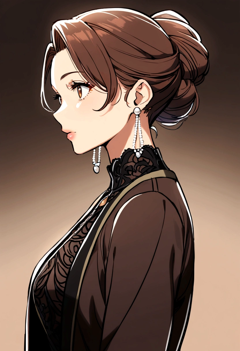 40 year old woman, brown hair, bun, white pearl earrings, black dress, brown short sleeve jacket