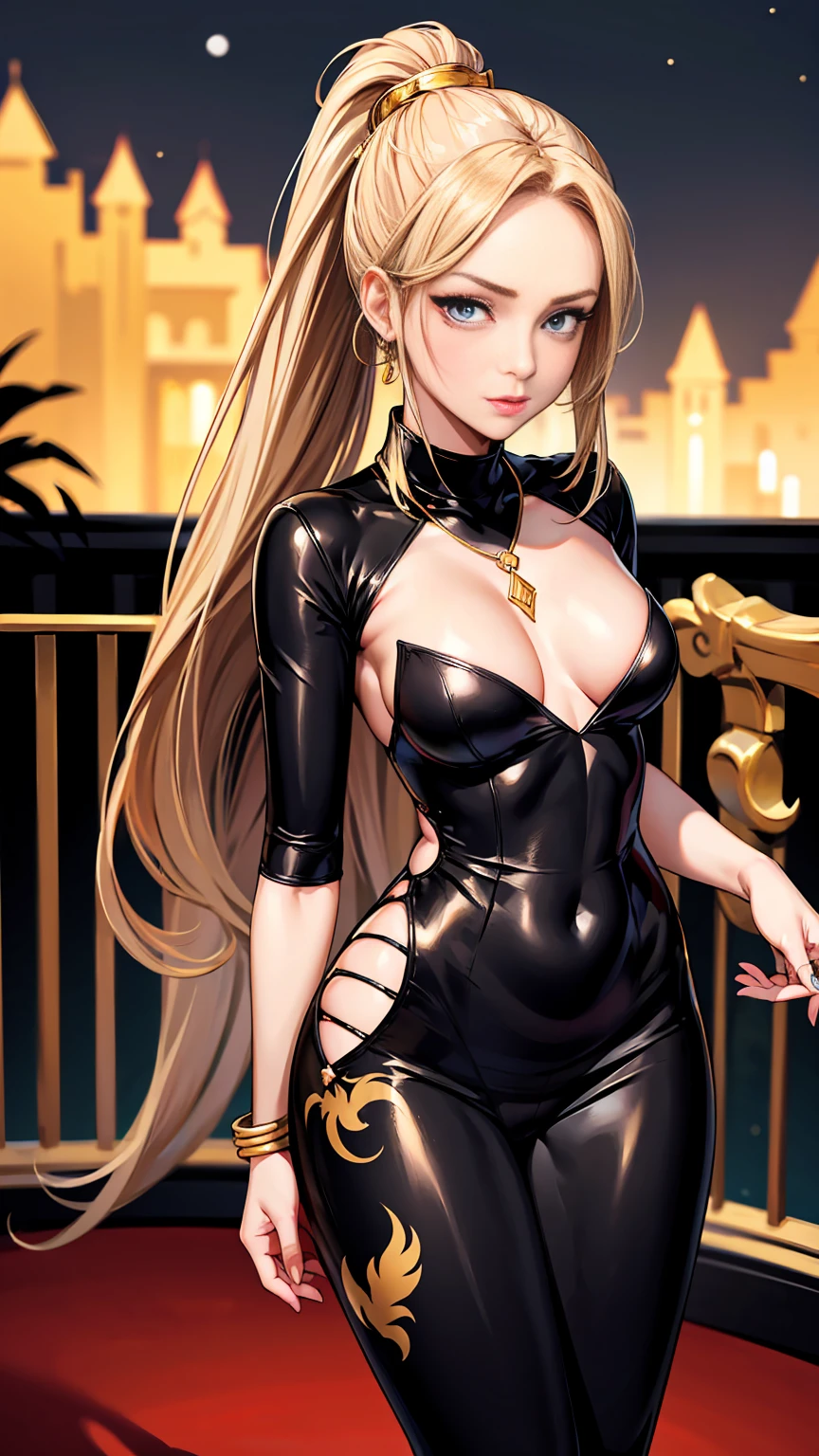 Beautiful woman with long straight ponytail blond hair with blue eyes wearing a Black Tight Leggings With Golden Dragon Prints, a Red Sexy Criss Cross Mock Neck Short Sleeves Dress With Phoenix Prints, luxurious jewelry and a luxurious necklace, 18k gold wedding ring on left hand, standing in a balcony at night of full moon, (caucasian skin), (light brown lipstick), (elegant mascara), (slim body with abs), (small breasts), (wide hips), midjourney, <lora:GoodHands-, <lora:GoodLegs-, UHD, high resolution, (masterpiece:1.1, best quality), (expressive eyes, perfect face, full body, expressive face, perfect body, perfect pussy, athletic, fit, slim body, blushing, Perfect makeup, eyeliner, beautiful eyelashes, smiling, horny face), ((best illumination, best shadows)), ((sexy pose))