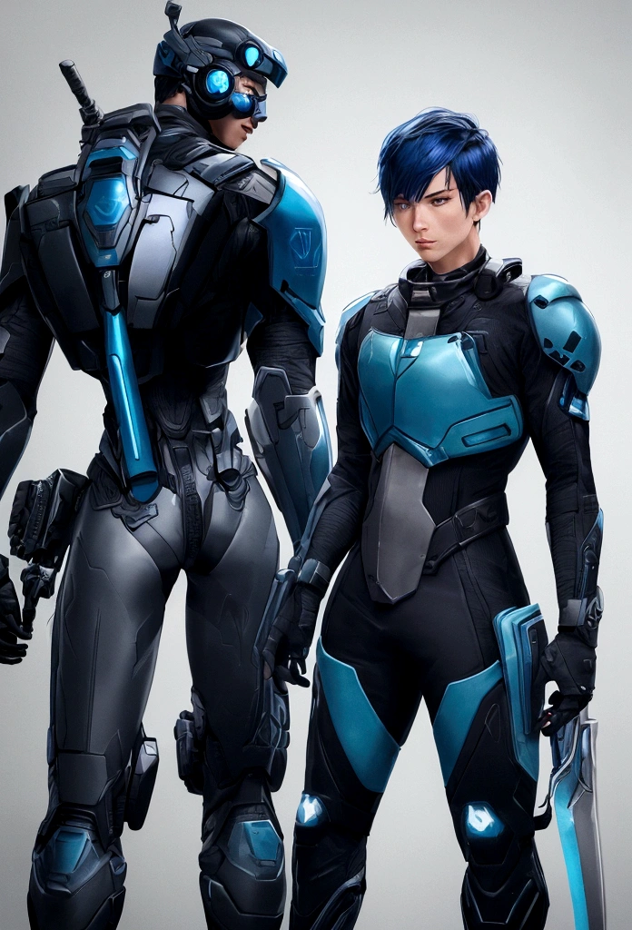 a cartoon image of a man in a blue suit and black gloves, cyber suit, in a dark space mercenary outfit, teal uniform, cyberpunk suit, sci - fi character, combat mech clothes, dystopian scifi outfit, futuristic clothing and helmet, sci - fi suit, scifi character, cyberpunk outfit, cyber armour, full body concept, sci-fi character concept (masterpiece, best quality) detailed, 1Character , blue archive art style , pastel washed out colors , cell shade , soft, muted shades ,gentle colors , Wearing a mix of a futuristic body suit and sword art online outfit ,Handsome man , red hair , very Short hair, ((Ivy League Haircut:1)) , green eyes , light skin , ((muscular:1)),masculine ,age 18, full body, back facing, facing away from viewer