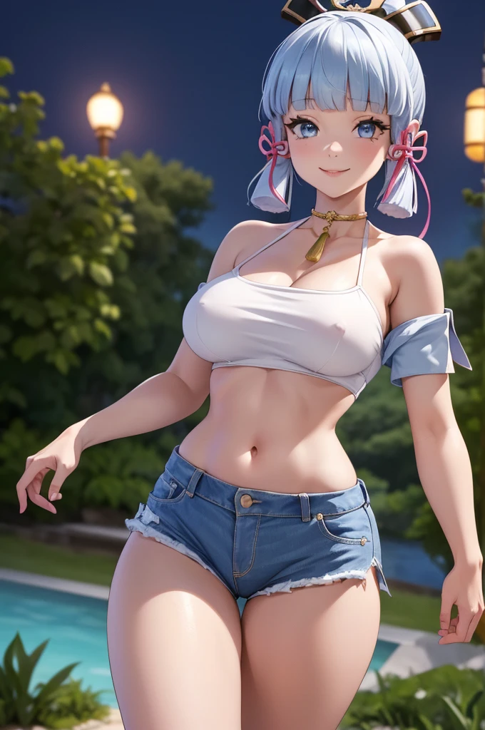 Masterpiece, high quality, 8k, ultra detail, ((kamisatoayakarnd)) standing, night,outdoors, (crop top), navel, (shorts), (off shoulders:1), choker, smile, armpit, (large breast), (nude arm)