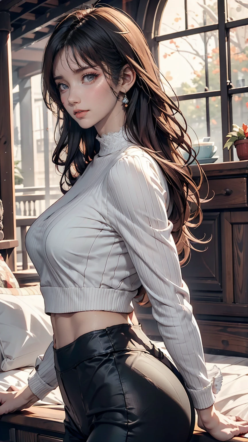 Detailed character sheet, Front view, Side view, Oblique view, 24-year-old woman、Sexy proportions、Narrow waist、slender、Sexy、Lace fabric high neck top、Long sleeves（Covered to the fingertips）、Longer length、Low rise leggings、Touching your hair