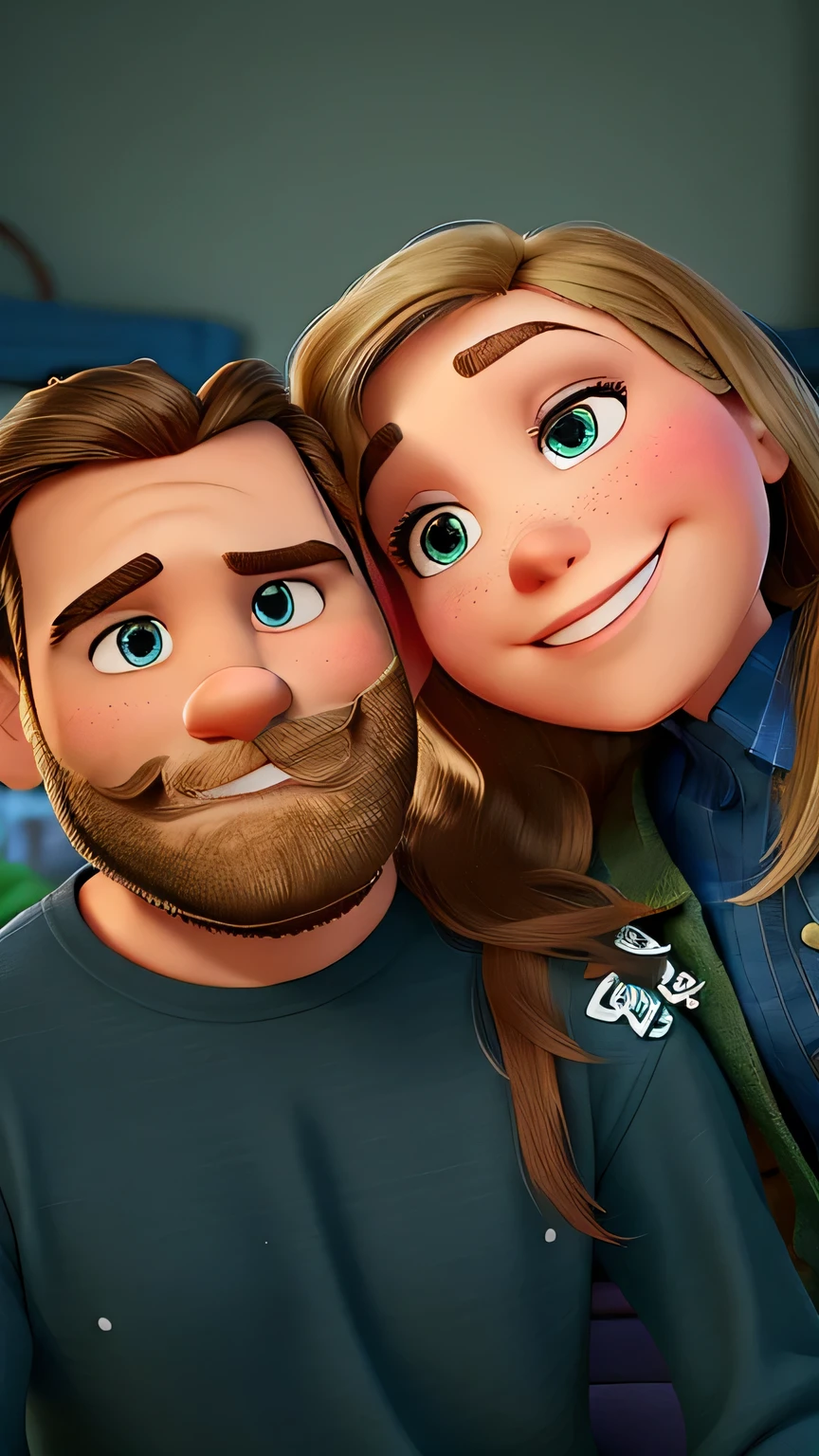 A disney pixar style couple, high quality, best qualityer. Brunette man with beard and blonde.