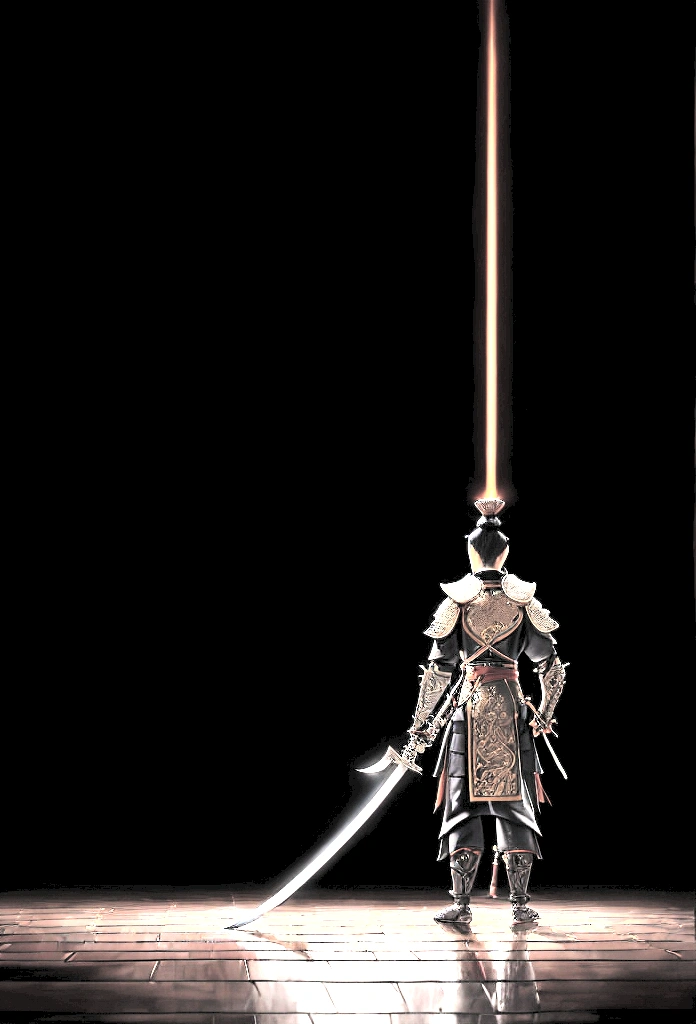 hyper realist, extremely detaild, intricate details, digital art of a Japanese warrior standing sideways, looking sad at the floor ,with light black clothes and holding only a sword in each hand pointed downwards on a sad rainy day. fancy