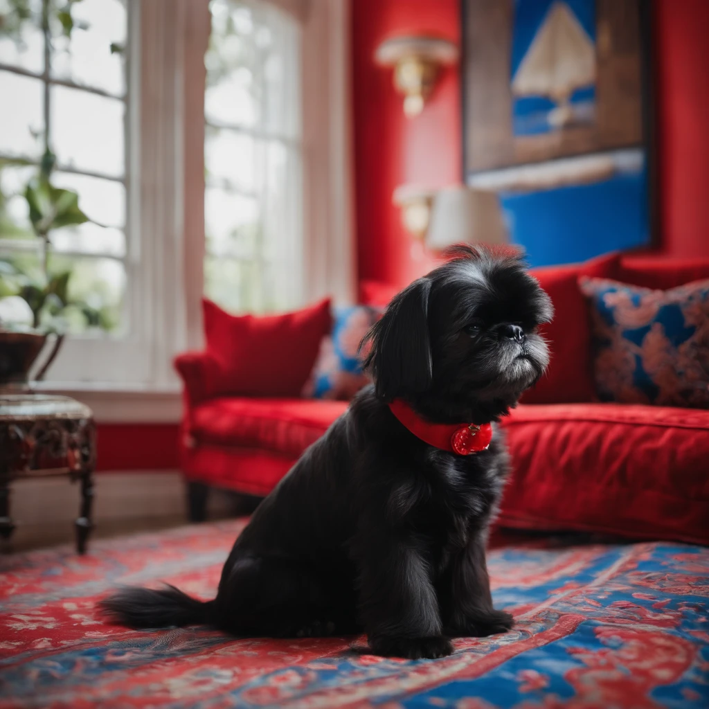 Adorable small black shih tzu sleeping on red pillow in a red and blue room