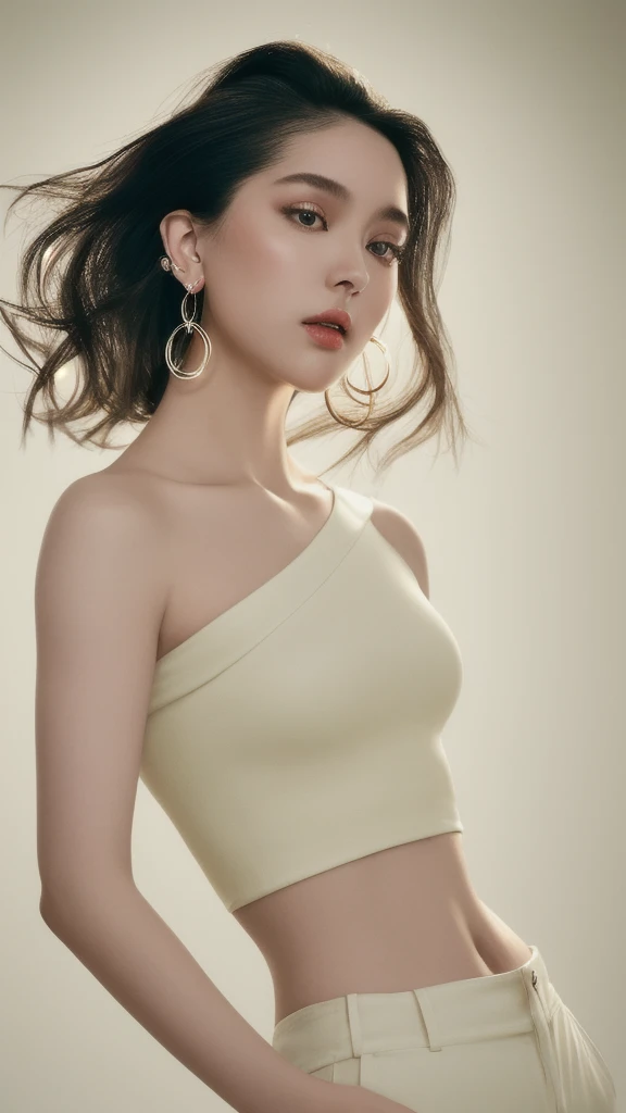 masterpiece, best quality, solo, 1girl, luminous skin, hoop earrings, glamorous, whimsical details, slicked hair, mesmerizing, bare shoulder, crop top, long pants, shallow depth of field, contrapposto, professional model, face front, portrait