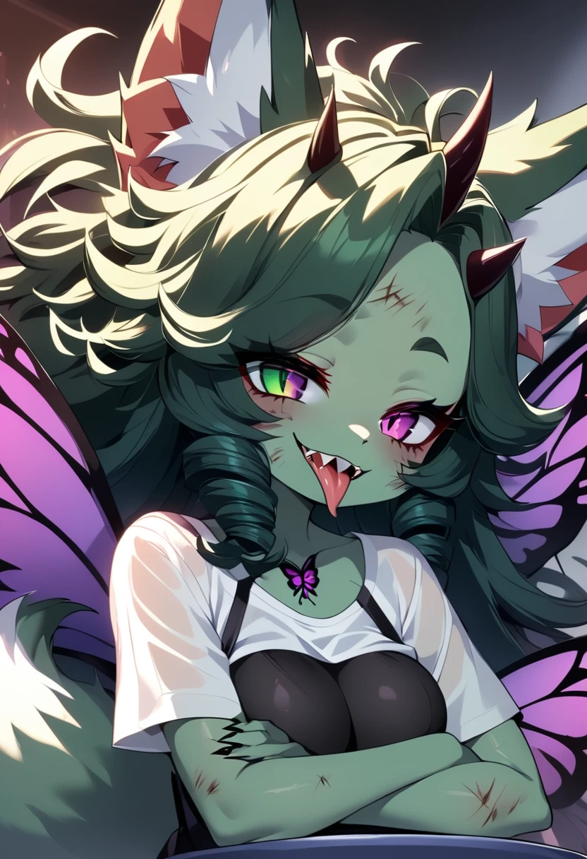 1 gothic monster girls, with long messy hair, dark green hair, creepy hair ornament, flowers in hair, bugs in hair, lots of bugs in her curly hair, pretty face, t-shirt, seductive LINGIRIE DRESS, DIRTY CLOTHES, see through leggings, other has colorful polka dots on her skin, big furry spiky fox tail, cute butterfly wings, neon SKIN color, big animal ears, anime style ,monster girl, seductive eyes, seductive smirk, GREEN tongue, purple drool, magenta eyes, happy, open mouth, horns, score_9, spikes, polka dots on her face and arms, adorable tattoo, cute tattoos, upper body focus, 2 sharp teeth, STRAPPED TO comfy mushroom, tied up, fancy sharp nails, fancy neckace, scars, scratches on body, wearing jewelry, cute seat cushion, DonM0m3g4XL,very long tongue, piercings, very detailed,very long SLOBBERY MONSTER tongue, thigh markings, exploding clothes, ,furry girl,long tongue,short tongue, Furry Mix, side view,medium tongue, turning to face viewer