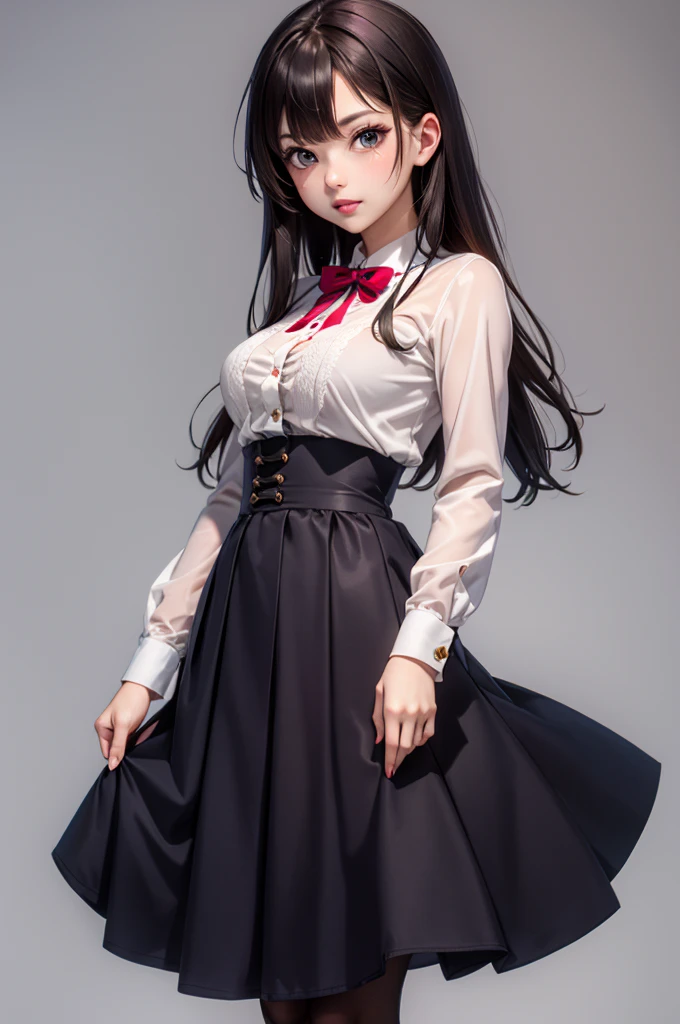virgin killer outfit,high-waist skirt,standing,pantyhose,cowboy shot,grey background,