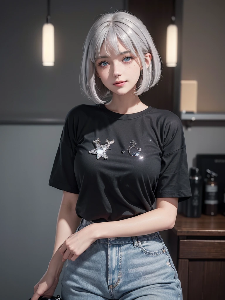 ((masterpiece)), ((best quality)), (ultra-detailed), ((extremely detailed)), 4K, (8K), best quality, a beautiful woman, ((beautiful light gray hair)), shiny hair, ((bob cut)), light blue eyes, detailed skin, freckled skin, flushed cheeks, 20 years old, , ((oversized black t-shirt, cowboyshot)), smile