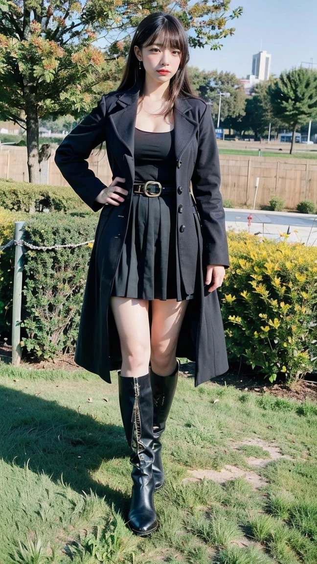 (8K、RAW Photos、Highest quality、masterpiece:1.2)、(Realistic、Realistic)、1 Girl、((Black coat、one piece、Black mini skirt、boots、Big Breasts、whole body、garden、View from the front、Looking into the camera、Stand with one hand on your hip))、