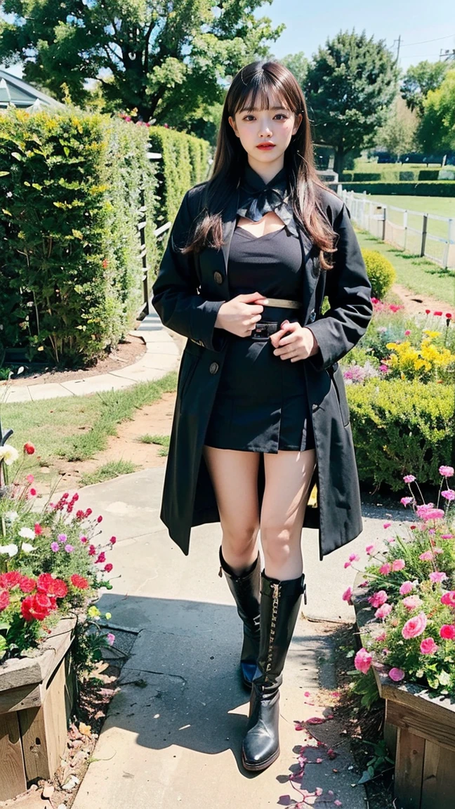 (8K、RAW Photos、Highest quality、masterpiece:1.2)、(Realistic、Realistic)、1 Girl、((Black coat、one piece、Black mini skirt、boots、Big Breasts、whole body、garden、View from the front、Looking into the camera、Stand with one hand on your hip))、