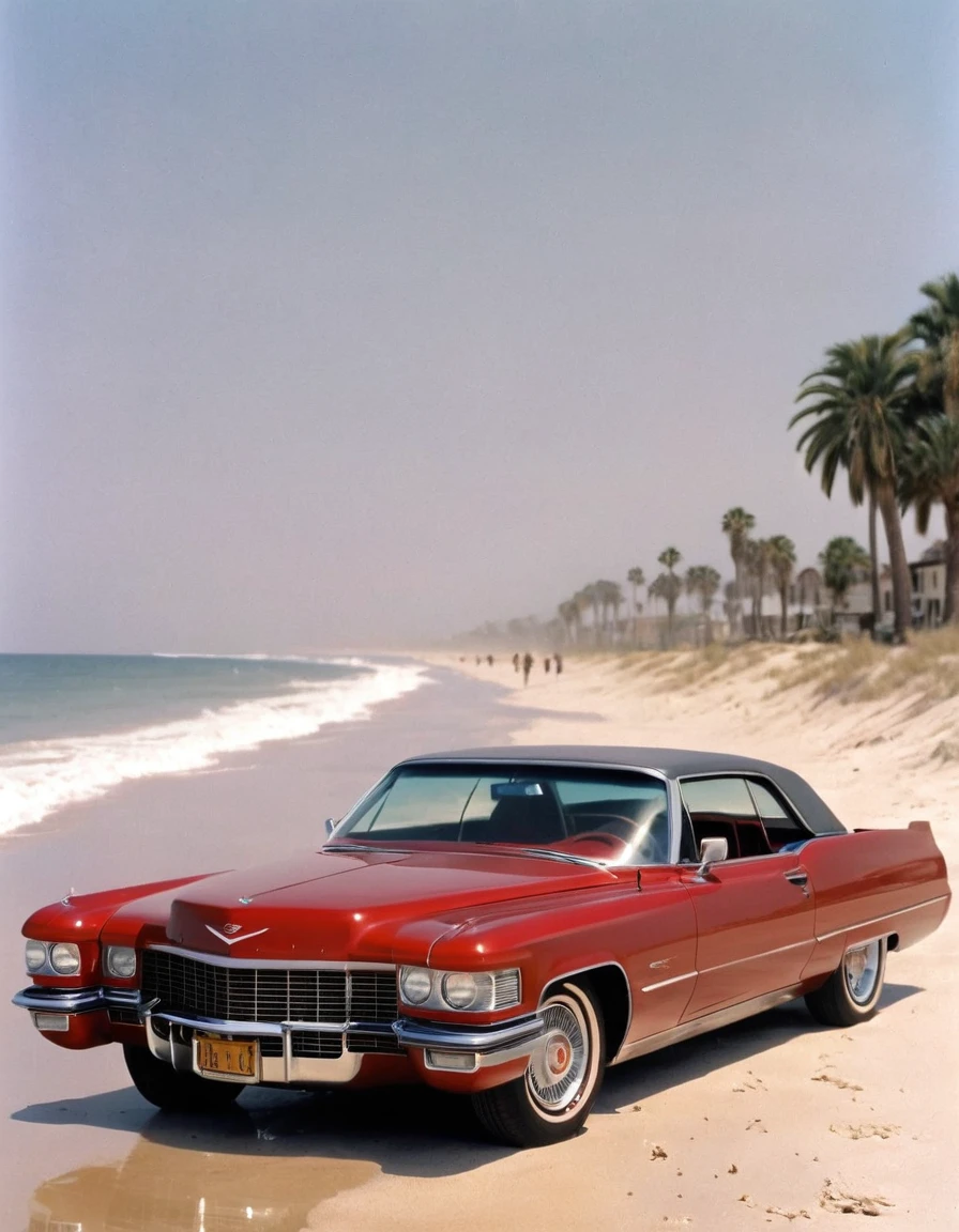 a red Cadillac car parked on top of a sandy beach, an album cover, by Carol Sutton, cobra, still from the movie terminator, texas, sun shines down on the car, ap photo, square, front view 1990, detail on scene, glass, car, cut-scene