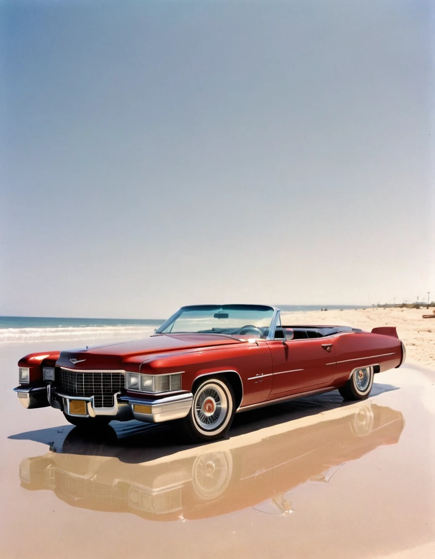 a red Cadillac car parked on top of a sandy beach, an album cover, by Carol Sutton, cobra, still from the movie terminator, texas, sun shines down on the car, ap photo, square, front view 1990, detail on scene, glass, car, cut-scene