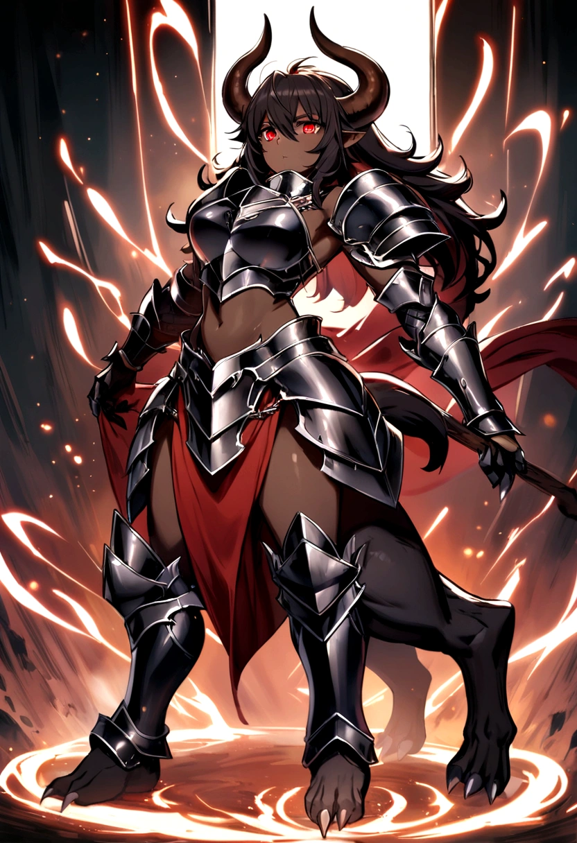 (masterpiece, best quality), outdoors, dark misty burning village, cowboy shot, 1girl, solo, Karlach, demon girl, colored skin, red skin, dark skin, full body, armor, armored pants, holding axe,