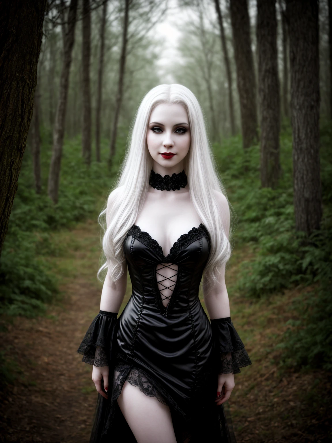 female sexy vampire|albino, pale porcelain skin, sexy vintage black dress, smile, shallow depth of field, grin|creepy, nightfall, detailed face, night, wide hips, narrow waist, portrait of woman standing, detailed eyes, portrait of woman standing, 8k RAW photo, highest quality, looking at the viewer, best shadow, intricate details, long hair, bright eyes, forest, grave, gothic, goth detailed, highres, high qualilty, high saturation