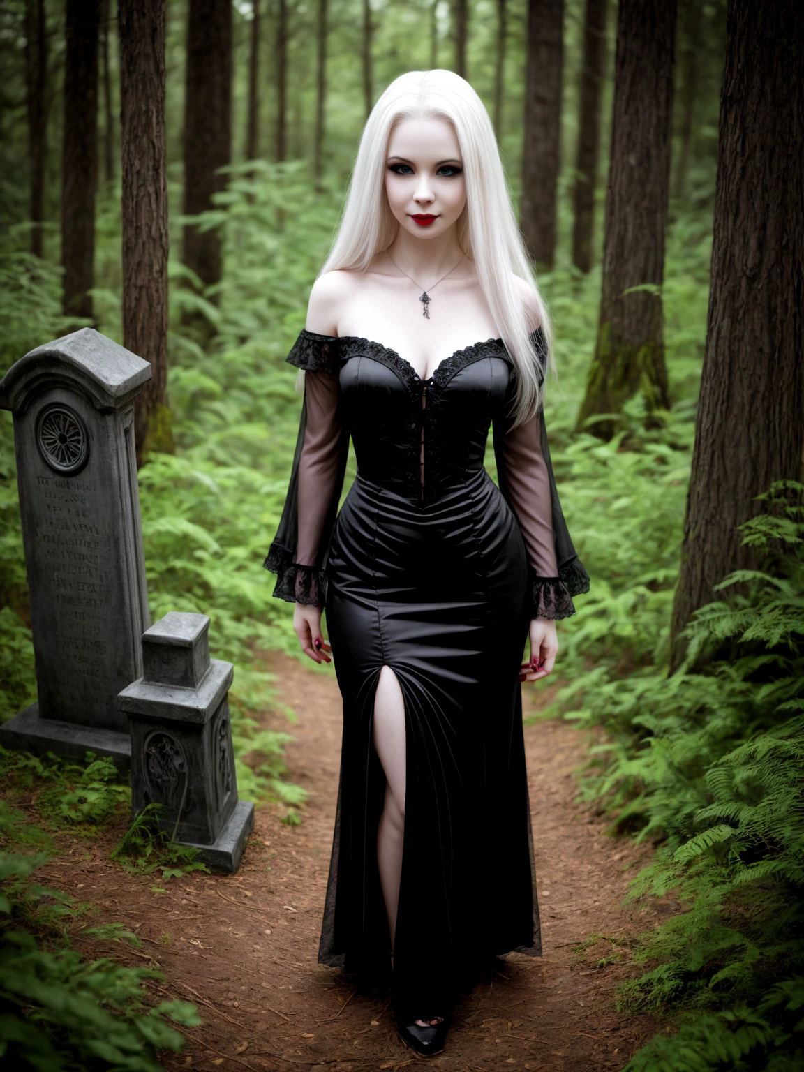 female sexy vampire|albino, pale porcelain skin, sexy vintage black dress, smile, shallow depth of field, grin|creepy, nightfall, detailed face, night, wide hips, narrow waist, portrait of woman standing, detailed eyes, portrait of woman standing, 8k RAW photo, highest quality, looking at the viewer, best shadow, intricate details, long hair, bright eyes, forest, grave, gothic, goth detailed, highres, high qualilty, high saturation