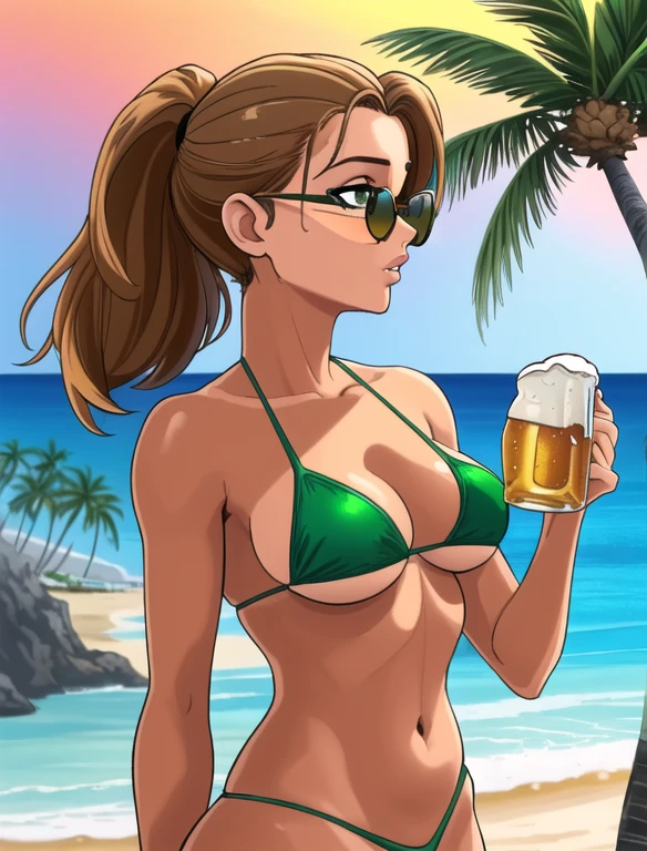 (best quality:1.3), (4K quality),masterpiece, best quality, high res, detailed, (Detailed face:1.2), (Detailed eyes:1.2), (Hourglass figure:1.2), 1girl, solo, 36-years-old, tan olive skin, short blonde hair, pony tail style hair, green eyes, approximately 5'2" tall, ((Wearing a flossing green bikini and sunglasses)), walking, ((holding a beer can in one hand)), beautiful beaches, palm trees, beach resort, beach vacation, summer getaway, relaxed atmosphere, cinematic lighting, sunset, detailed background, back shot