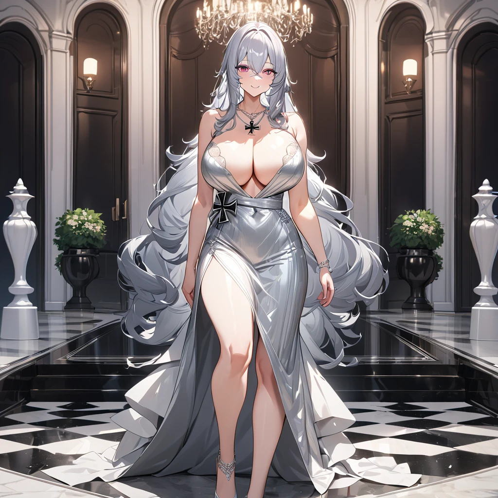 A woman wearing a luxurious silver dress, with an iron cross necklace around her neck,  shoulder, big breasts, silver heels, silver hair, long hair, smiling, burgundy eyes, big breasts, walking outside a luxury mansion , luxury marble floor, luxury garden..,UHD, prime work, accurate, anatomically correct, textured skin, super details, high quality, best quality, 8k, high resolution, bokeh effect . (woman alone)
