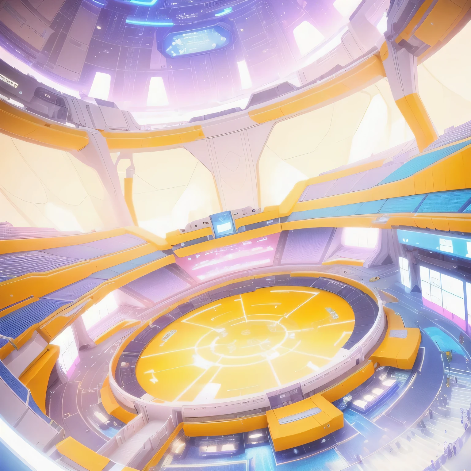 there is a picture of a Future Space Station with a lot of items, Futuristic sports arena, Future Spaceport, Futuristic Room Background, Colorful dystopian futurism, Arena Background, Surreal sci-fi set design, Futuristic Background, Ringworld, in a futuristic arena, Futuristic spaceship interior, Futuristic Palace, cool skydome, Colorful anime background, Future Space Station