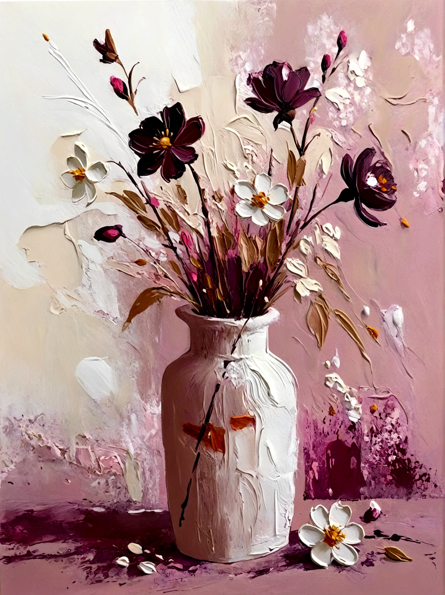 vase，plum bossom，Small flowers，Flowers，bright，pink，White background，vanilla，cream，whiskey，Abstract Art，emotion，emotion，Thick textured paint, 