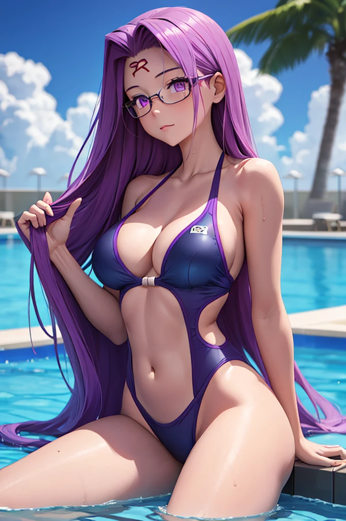 1girl, best quality, masterpiece, high resolution, solo, {blue school swimsuit:1.40}, {short school swimsuit:1.20}, {medusa_fgo:1.15}, long_hair, purple_hair, very_long_hair, purple_eyes, breasts, big_breasts, swimming pool, pool, de pie, school swimsuit.