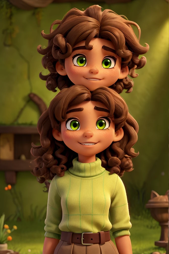 cries an 18-year-old teenager, with curly dark brown hair, brown eyes, light brown skin, braces on her teeth and a moss green turtleneck blouse. Holding a female cat with tricolor fur (white, black and orange), green eyes and serious.