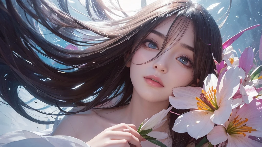 32k, Masterpiece, Highest quality, One girl, Detailed eyes, flower,Alstroemeria, White and orange style,A dreamy, romantic piece,Pale purple, Mysterious Leaves,A playful arrangement,Fantasy,High Contrast,Ink strokes,explosion,Exposure, Impression of white and orange tones,Abstract,((Watercolours by John Berkey and Jeremy Mann )) Brush strokes,Negative Space, Tyndall effect,