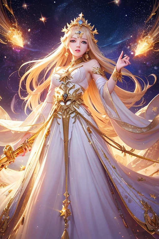 (masterpiece、Highest quality、High resolution、8K、16K)、((Alone in space、Beautiful Goddess、Standing posture、フローティング  the sky like a star))、((whole body))、Golden Cape、White long dress、No sleeve、Adorned with vibrant jewels、Gold Bracelet、Blonde middle、Beautiful brown eyes、A kind smile、Mouth closed、Elegant and detailed face、Graceful operation、Place one hand under your chest、Professional Lighting、The universe is full of light、Countless stars and nebulae、