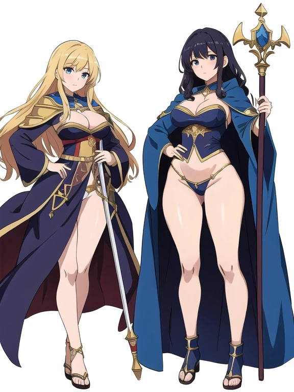 masterpiece, best quality, 2 girls, high fantasy costume, ((white background)), full body, multiple views, thong, cleavage, cloak, staff, anime style,