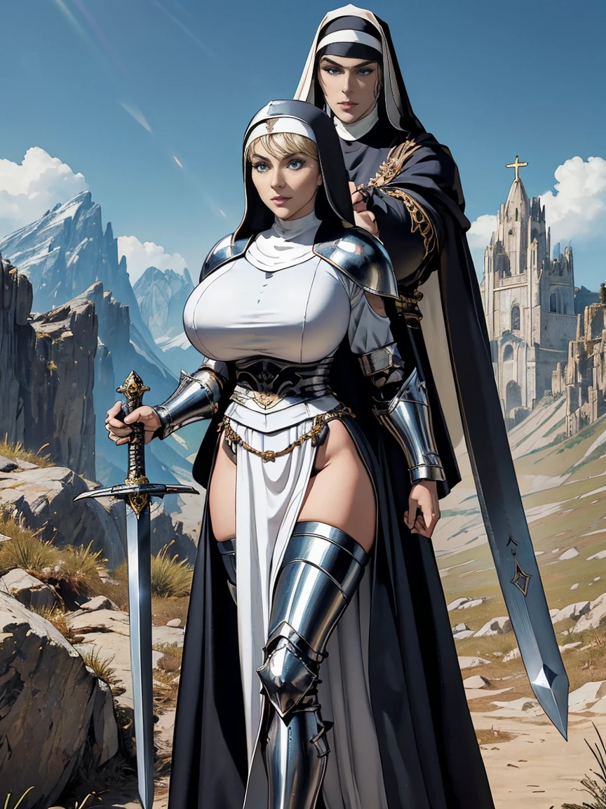 (masterpiece, top quality, best quality, official art, beautiful and aesthetic:1.2), (1girl:1.3), ((Sharp  features, sharp features, hawkish features)), ((blue eyes)), busty brunette paladin knight girl, extremely detailed, portrait, looking at viewer, solo, (full body:0.6), detailed background, full-body shot, (warm mountain meadow theme:1.1), holy knight, (nun), charlatan, smirk, mysterious, swaying in mountains, armor, polished metal, gold trim, long boots, white fabric, pelvic curtain, robe, pale leather, ((((nun, greatsword, corona, holy aura, heavy armor, armored, long legs, pelvic curtain, toned, muscular)))), slim waist, slim hips, long legs, medieval (mountain exterior:1.1) background, dark mysterious lighting, shadows, magical atmosphere, dutch angle