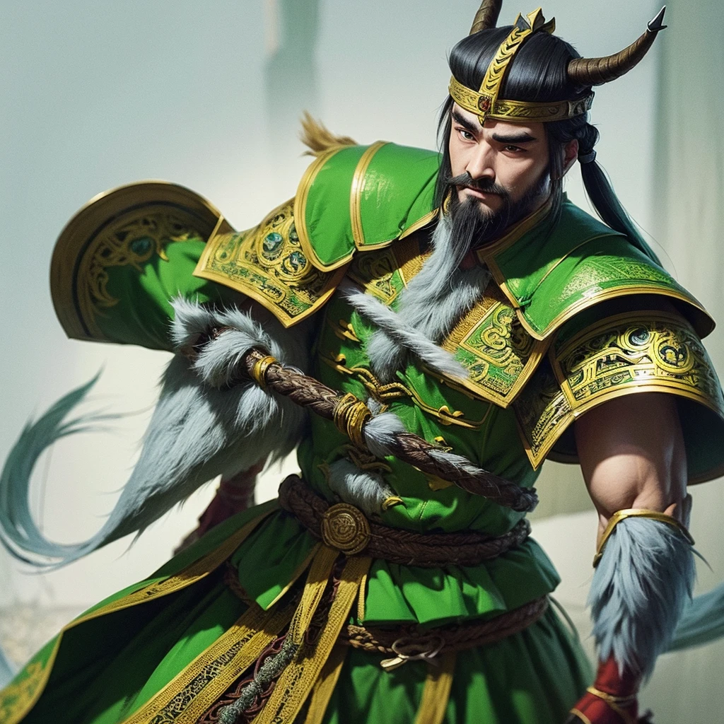 Full-length portrait of Chinese Liu Bei. His appearance is goat's beard, soft and charismatic. His topknot and light green armor unique to ancient China.