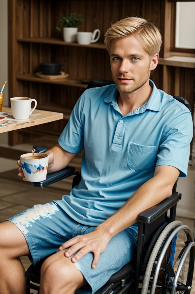 Blond blue-eyed man in wheelchair, painting a pot and drinking coffee 