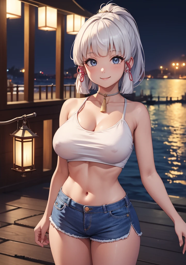 Masterpiece, high quality, 8k, ultra detail, ((kamisatoayakarnd)) standing, night,outdoors, (crop top), navel, (shorts), (off shoulders:1), choker, smile, armpit, (large breast), (nude arm)