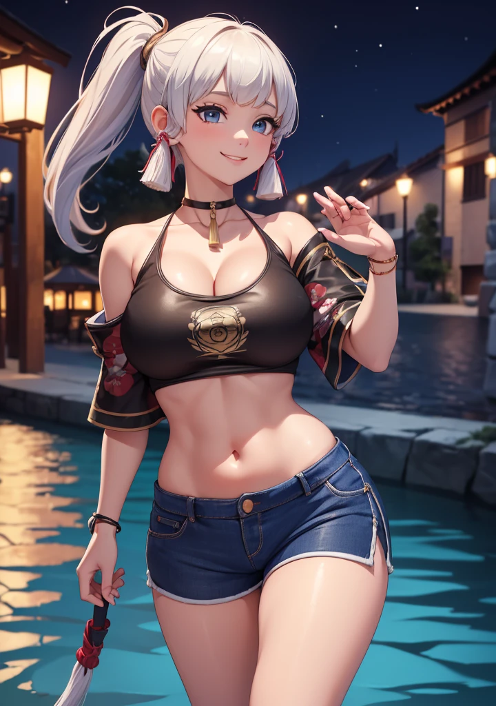 Masterpiece, high quality, 8k, ultra detail, ((kamisatoayakarnd)) standing, night,outdoors, (crop top), navel, (shorts), (off shoulders:1), choker, smile, armpit, (large breast), ( arm)