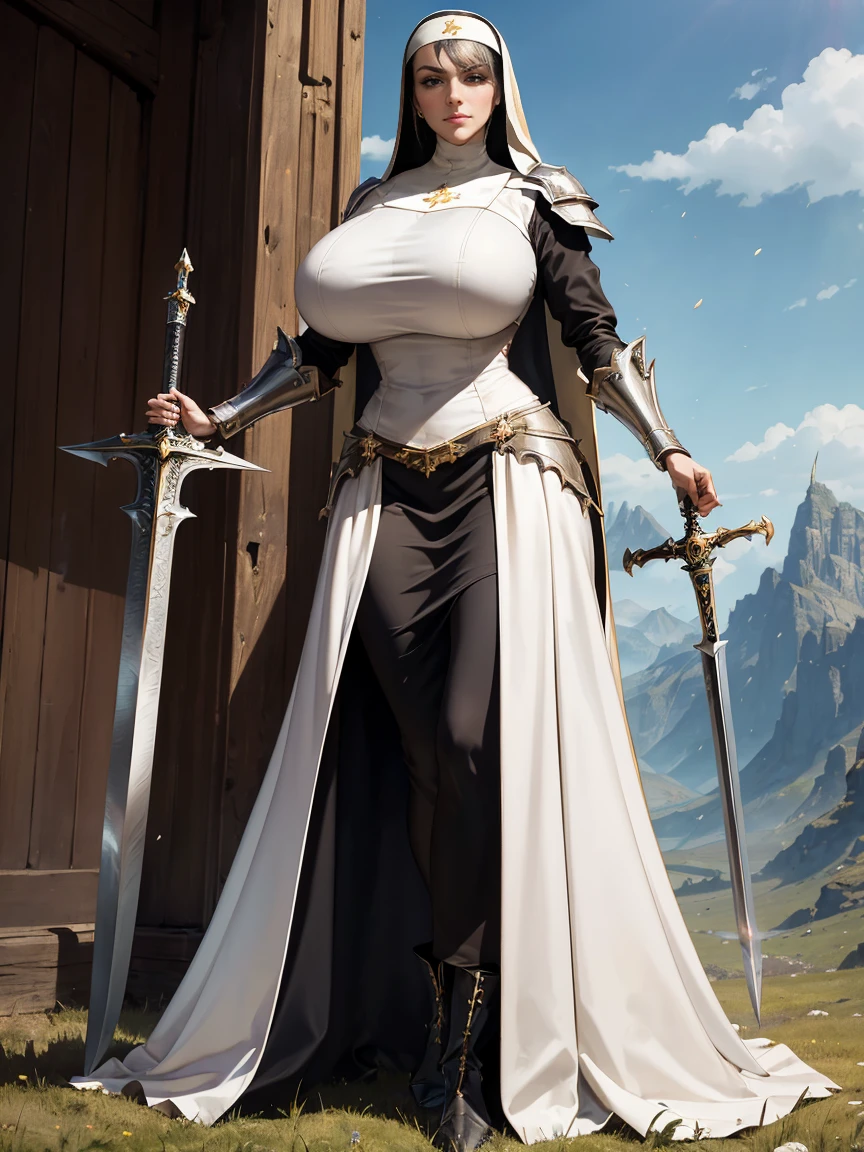 (masterpiece, top quality, best quality, official art, beautiful and aesthetic:1.2), (1girl:1.3), ((Sharp facial features, sharp features, hawkish features)), ((blue eyes)), busty brunette paladin knight girl, extremely detailed, portrait, looking at viewer, solo, (full body:0.6), detailed background, full-body shot, (warm mountain meadow theme:1.1), holy knight, (nun), charlatan, smirk, mysterious, swaying in mountains, armor, polished metal, gold trim, long boots, white fabric, pelvic curtain, robe, pale leather, ((((nun, greatsword, corona, holy aura, heavy armor, armored, long legs, pelvic curtain, toned, muscular)))), slim waist, slim hips, long legs, medieval (mountain exterior:1.1) background, dark mysterious lighting, shadows, magical atmosphere, dutch angle