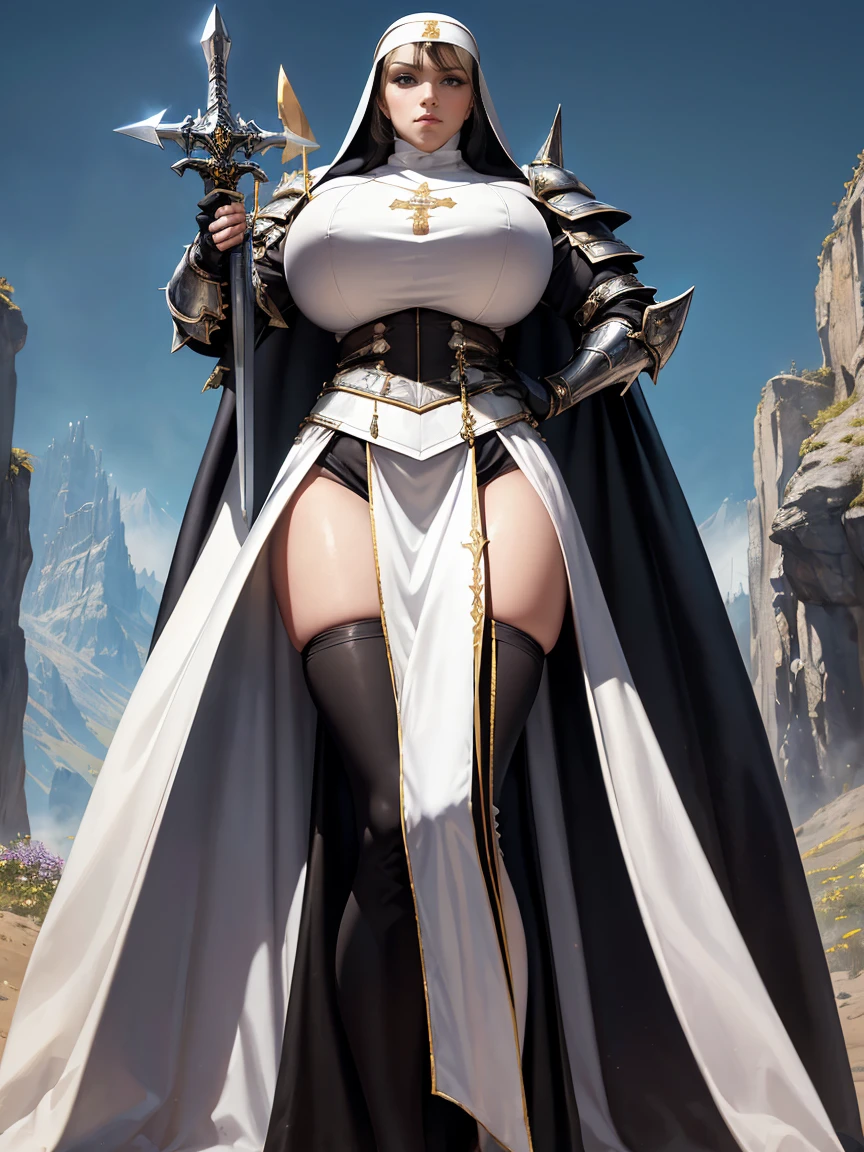(masterpiece, top quality, best quality, official art, beautiful and aesthetic:1.2), (1girl:1.3), ((Sharp facial features, sharp features, hawkish features)), ((blue eyes)), busty brunette paladin knight girl, extremely detailed, portrait, looking at viewer, solo, (full body:0.6), detailed background, full-body shot, (warm mountain meadow theme:1.1), holy knight, (nun), charlatan, smirk, mysterious, swaying in mountains, armor, polished metal, gold trim, long boots, white fabric, pelvic curtain, robe, pale leather, ((((nun, greatsword, corona, holy aura, heavy armor, armored, long legs, pelvic curtain, toned, muscular)))), slim waist, slim hips, long legs, medieval (mountain exterior:1.1) background, dark mysterious lighting, shadows, magical atmosphere, dutch angle