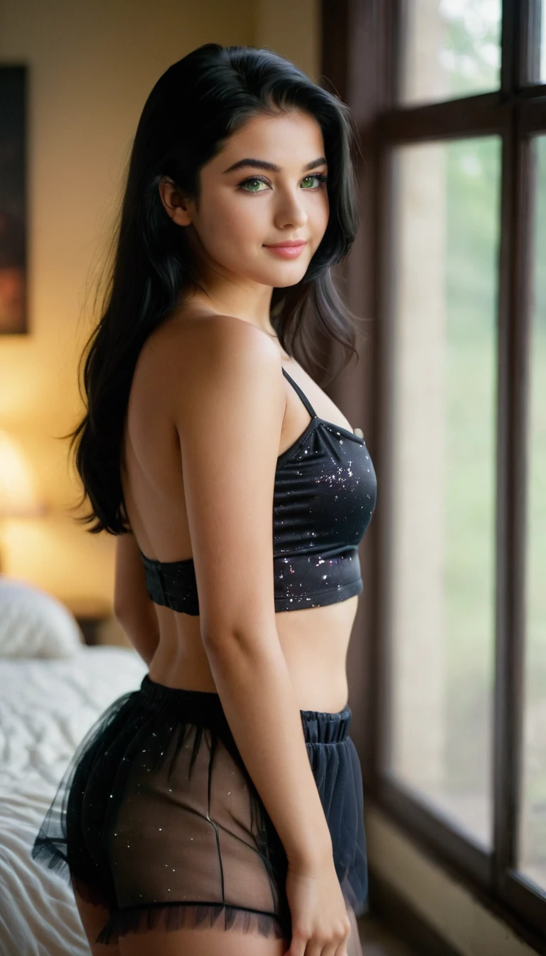 18 year old American woman, small lips, greeneyes, medium eyelashes, medium nose, middle ears, Thick eyebrows, long black hair, looking away, skin natural, skin blotches, (cinematic, Film grain: 1.1 ) ssmile, Dynamic Body. stance, whole body, whole body, big fit , pijamas, realistic  open in thisoned tulle --au, Looking into space, long black hair, in this, ,