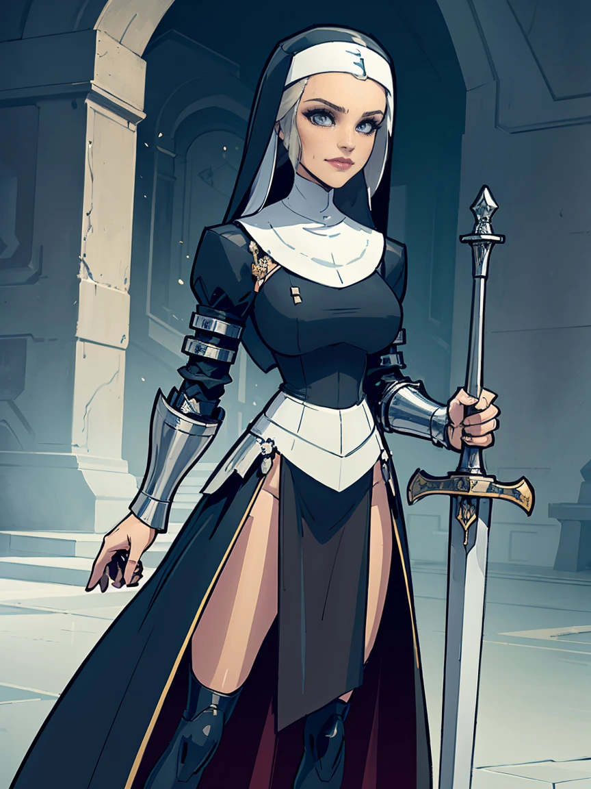 (masterpiece, top quality, best quality, official art, beautiful and aesthetic:1.2), (1girl:1.3), ((Sharp facial features, sharp features, hawkish features)), ((blue eyes)), busty brunette paladin knight girl, extremely detailed, portrait, looking at viewer, solo, (full body:0.6), detailed background, full-body shot, (warm mountain meadow theme:1.1), holy knight, (nun), charlatan, smirk, mysterious, swaying in mountains, armor, polished metal, gold trim, long boots, white fabric, pelvic curtain, robe, pale leather, ((((nun, greatsword, corona, holy aura, heavy armor, armored, long legs, pelvic curtain, toned, muscular)))), slim waist, slim hips, long legs, medieval (mountain exterior:1.1) background, dark mysterious lighting, shadows, magical atmosphere, dutch angle