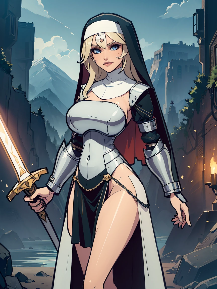 (masterpiece, top quality, best quality, official art, beautiful and aesthetic:1.2), (1girl:1.3), ((Sharp facial features, sharp features, hawkish features)), ((blue eyes)), busty brunette paladin knight girl, extremely detailed, portrait, looking at viewer, solo, (full body:0.6), detailed background, full-body shot, (warm mountain meadow theme:1.1), holy knight, (nun), charlatan, smirk, mysterious, swaying in mountains, armor, polished metal, gold trim, long boots, white fabric, pelvic curtain, robe, pale leather, ((((nun, greatsword, corona, holy aura, heavy armor, armored, long legs, pelvic curtain, toned, muscular)))), slim waist, slim hips, long legs, medieval (mountain exterior:1.1) background, dark mysterious lighting, shadows, magical atmosphere, dutch angle