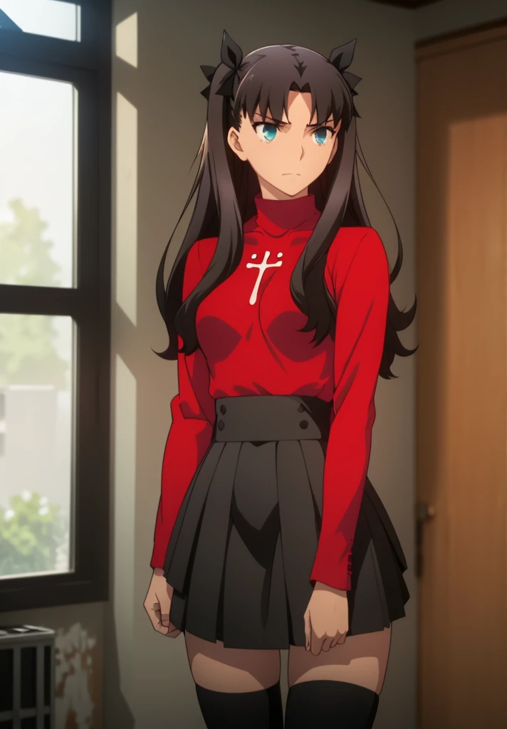 Tohsaka Rin, Volumetric Lighting, Best Shadows, Shallow Depth of Field, Portrait Of Stunningly Beautiful Girl, Delicate Beautiful Attractive Face With Alluring Sharp Blue Eyes, Sharp Eyebrows, Enjoying The Scenery, Soft Smile, Closed Mouth, Lovely Medium Breasts, Layered Long Black Two-Side Up Hair, Hair Ribbon, Blush Eyeshadow, Thick Eyelashes, Cross On The Red Turtleneck Shirt, Slim Waist, Black Short Pleated Skirt, Thigh Gap, Black Thigh-High Stockings, Late Afternoon, Sunlight Shining Through Window, Floating Dust Particles, Hallway In An Abandoned School, Pile of Debris Desks And Broken Chair, Looking Out At Window, Standing, (Highest Quality, Amazing Details:1.25), (Solo:1.3), Brilliant Colorful Paintings