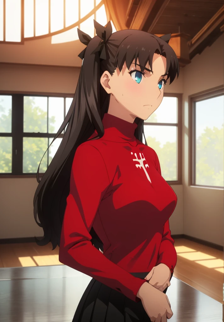 Tohsaka Rin, Volumetric Lighting, Best Shadows, Shallow Depth of Field, Portrait Of Stunningly Beautiful Girl, Delicate Beautiful Attractive Face With Alluring Sharp Blue Eyes, Sharp Eyebrows, Enjoying The Scenery, Soft Smile, Closed Mouth, Lovely Medium Breasts, Layered Long Black Two-Side Up Hair, Hair Ribbon, Blush Eyeshadow, Thick Eyelashes, Cross On The Red Turtleneck Shirt, Slim Waist, Black Short Pleated Skirt, Thigh Gap, Black Thigh-High Stockings, Late Afternoon, Sunlight Shining Through Window, Floating Dust Particles, Hallway In An Abandoned School, Pile of Debris Desks And Broken Chair, Looking Out At Window, Standing, (Highest Quality, Amazing Details:1.25), (Solo:1.3), Brilliant Colorful Paintings