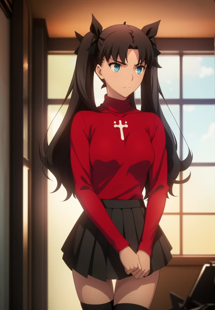 Tohsaka Rin, Volumetric Lighting, Best Shadows, Shallow Depth of Field, Portrait Of Stunningly Beautiful Girl, Delicate Beautiful Attractive Face With Alluring Sharp Blue Eyes, Sharp Eyebrows, Enjoying The Scenery, Soft Smile, Closed Mouth, Lovely Medium Breasts, Layered Long Black Two-Side Up Hair, Hair Ribbon, Blush Eyeshadow, Thick Eyelashes, Cross On The Red Turtleneck Shirt, Slim Waist, Black Short Pleated Skirt, Thigh Gap, Black Thigh-High Stockings, Late Afternoon, Sunlight Shining Through Window, Floating Dust Particles, Hallway In An Abandoned School, Pile of Debris Desks And Broken Chair, Looking Out At Window, Standing, (Highest Quality, Amazing Details:1.25), (Solo:1.3), Brilliant Colorful Paintings