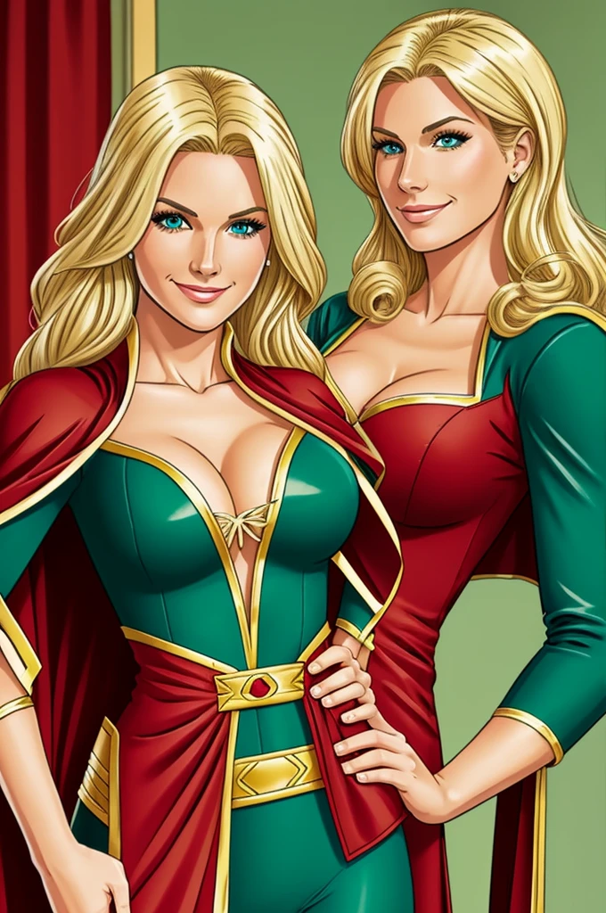 Pretty Woman, blond hair, green eyes, he wears a super hero suit, and a cape. She is a dressmaker, bring a sewing machine. is happy. sexy cartoon. 